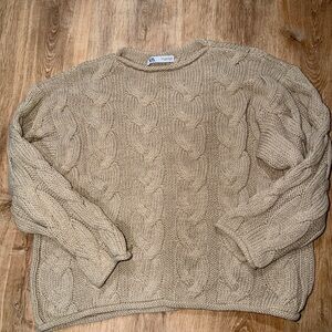 Zara Beige Cable-Knit Crewneck Sweater